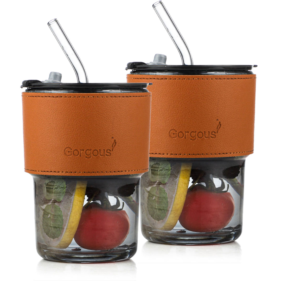 Coffee cup with straw leather holder black  2 PCS 450ml