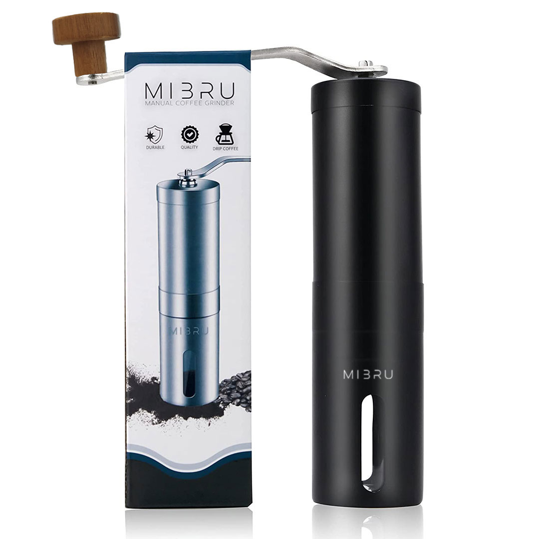 طاحونة قهوة يدوية استانليس ستيل لون اسود بمقبض خشبي