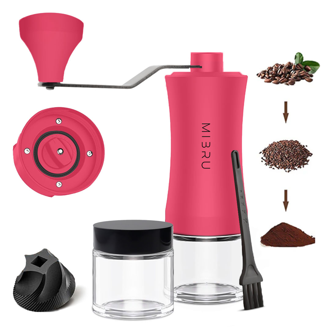 طاحونة قهوة يدوية مع عبوة زجاجية لحفظ البن من ميبرو لون زهري