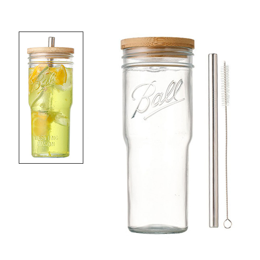 كاس زجاجي 700مل نع غطاء و ماصة استانليس ستيل