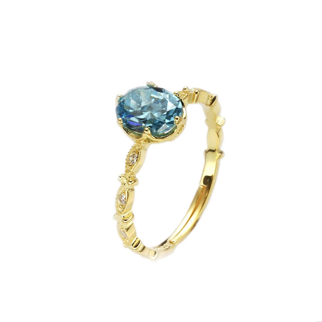 خاتم فضة عيار S925 مطلي باللون الذهبي مرصع بحجر زبرجد ازرق على شكل بيضة