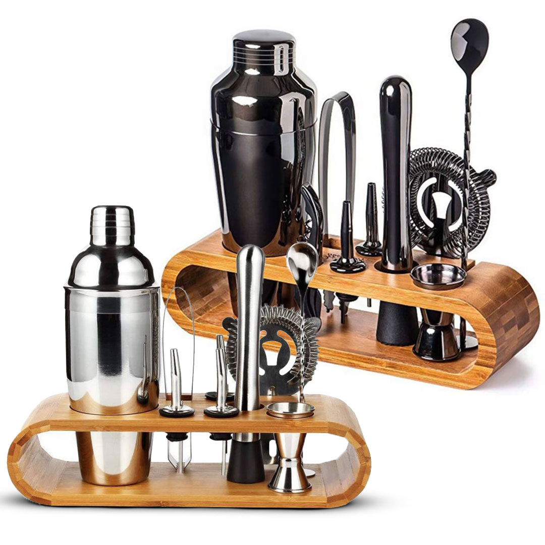 مجموعة شيكر استانليس ستيل 550مل و اكسسواراته مع قاعدة خشبية متعددة الألوان